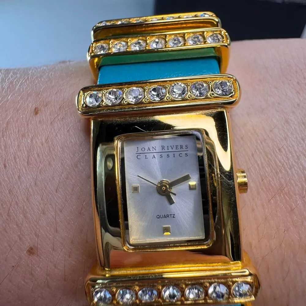 joan rivers classics turquoise leather crystal cuff watch gold tone quartz